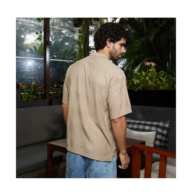 Campus Sutra Men's Buff Beige Bohomian Oversized Polo T-Shirt