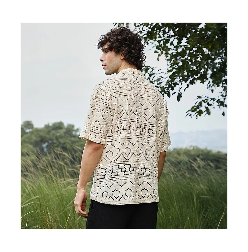 Campus Sutra Men's Off-White Bohemian Oversized Polo T-Shirt