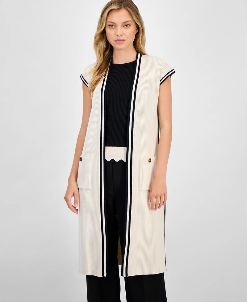 T Tahari Women's Ribbed Pocket-Front Cardigan Sweater