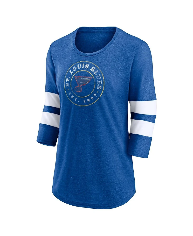 Fanatics Women's Heather Blue St. Louis Blues One Timer Tri-Blend Scoop Neck 3/4-Sleeve T-Shirt