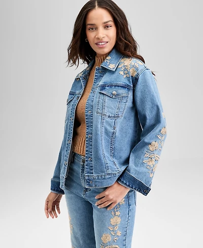 And Now This Women's Embroidered Trucker Denim Jacket, Exclusively at Macy's