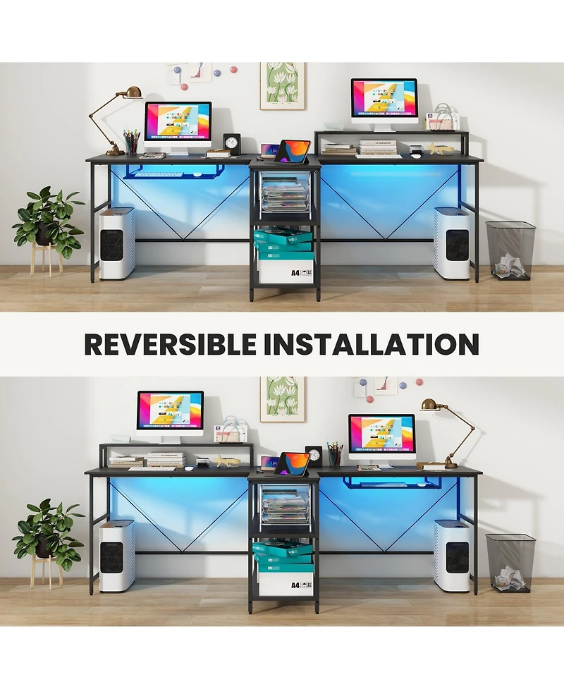 2-Person Reversible Computer Desk Long Office with Led Lights