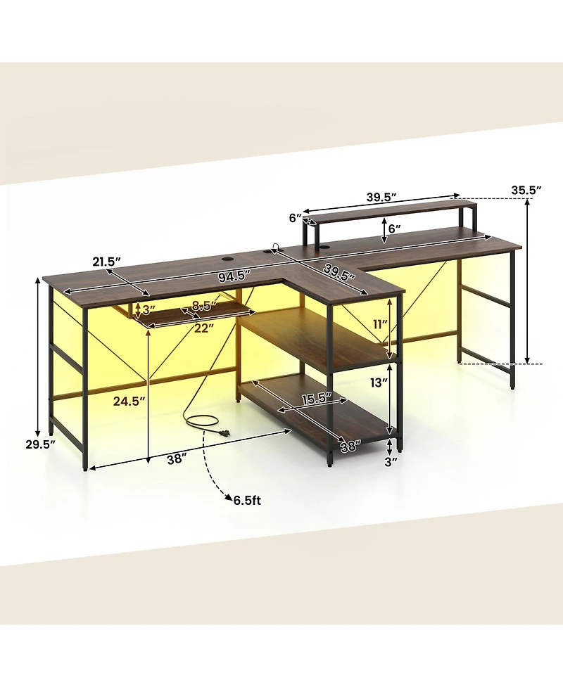 2-Person Reversible Computer Desk Long Office with Led Lights