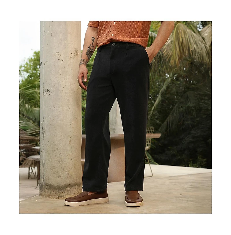 Campus Sutra Men's Onyx Black Corduroy Pleated Trousers