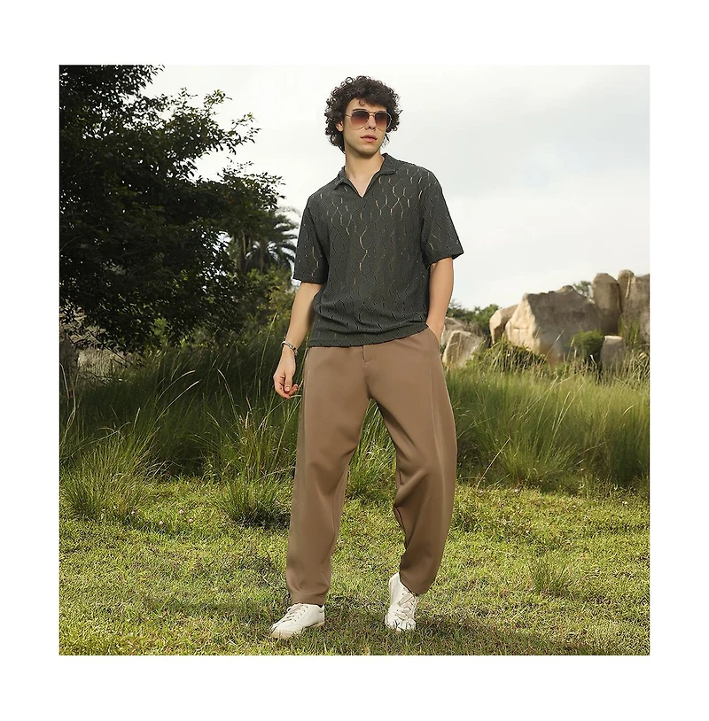 Campus Sutra Men's Juniper Green Honeycomb-Knit Polo T-Shirt