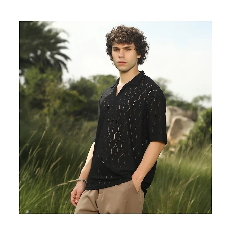 Campus Sutra Men's Onyx Black Honeycomb-Knit Polo T-Shirt