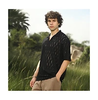 Campus Sutra Men's Onyx Black Honeycomb-Knit Polo T-Shirt