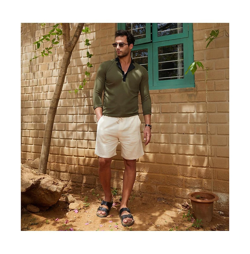 Campus Sutra Men's Olive Green & Obsidian Black Textured Cuban Polo T-Shirt