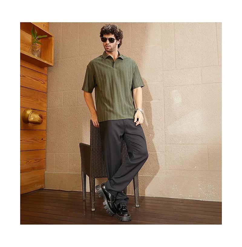 Campus Sutra Men's Army Green Spiralknot-Tactile Oversized Polo T-Shirt