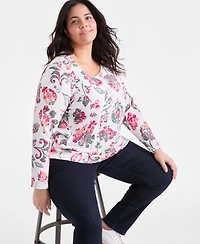 Style & Co Plus Printed Scoop-Neck Long-Sleeve Top