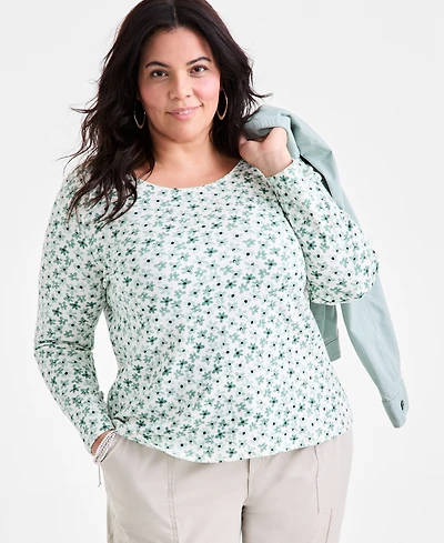 Style & Co Plus Printed Scoop-Neck Long-Sleeve Top