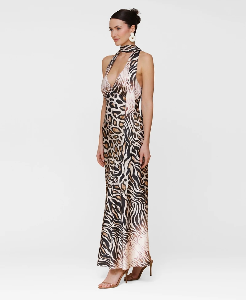 Avec Les Filles Women's Printed Halter Scarf-Tie Maxi Dress