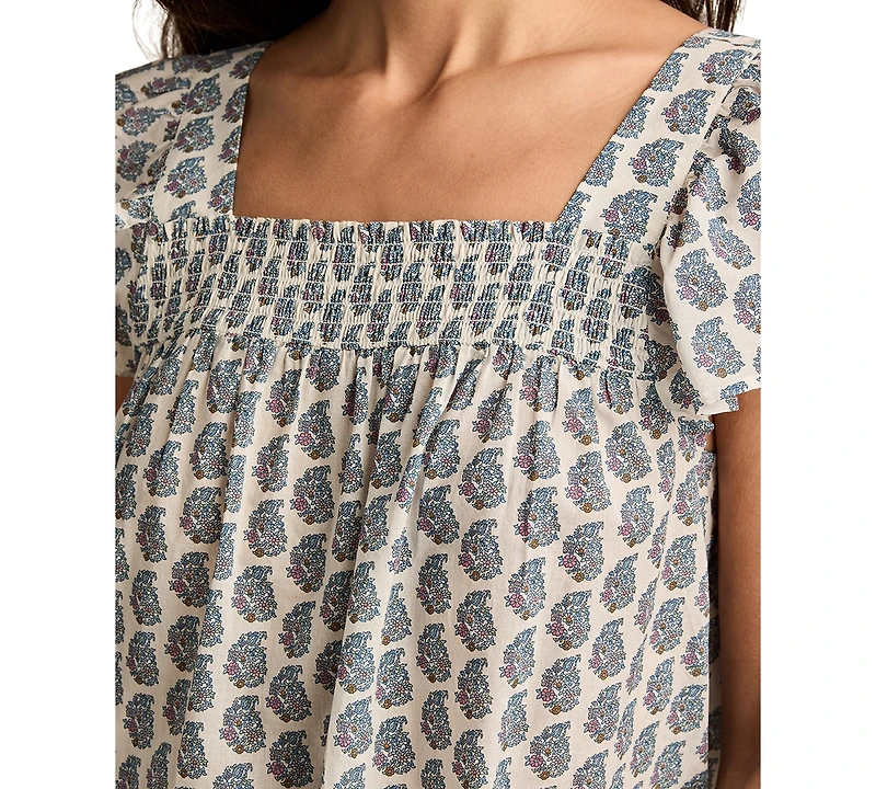 Lucky Brand Women's Square-Neck Smocked Cotton Peasant Top