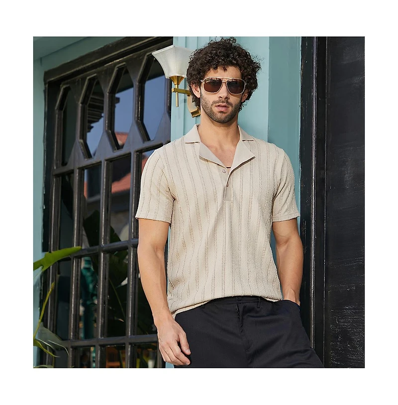 Campus Sutra Men's Saltbox Beige Wicker-Tactile Polo T-Shirt