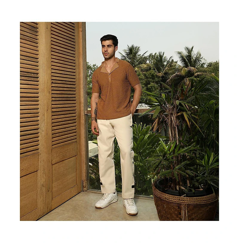 Campus Sutra Men's Coffee Brown Crease-Tactile Cuban Polo T-Shirt