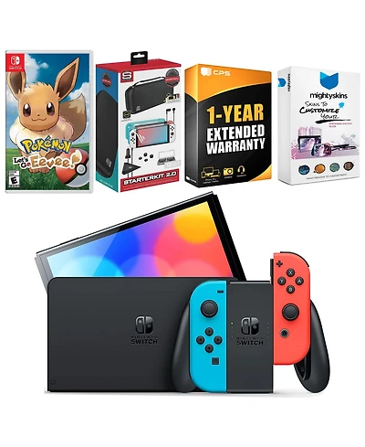 Nintendo Switch Neon Red & Blue Oled Console with Pokemon: Let's Go, Eevee! Edition, Surge Accessory Gaming Kit