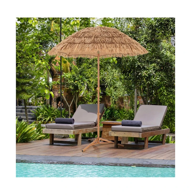 6.5 Feet Thatched Tiki Umbrella with Foldable Stand Push Button Tilt
