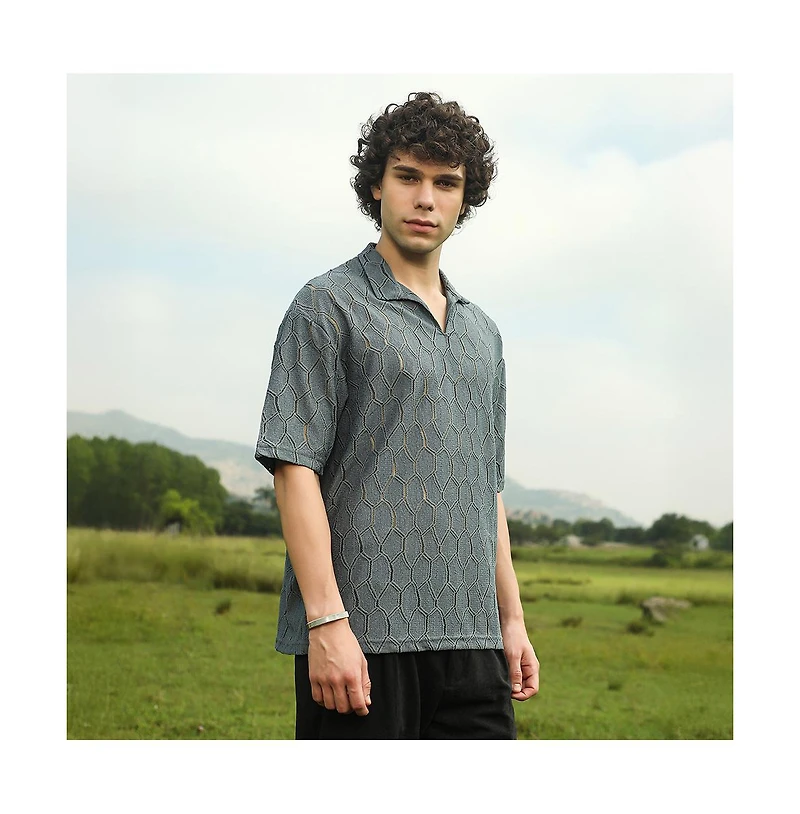 Campus Sutra Men's Moon Grey Honeycomb-Knit Polo T-Shirt