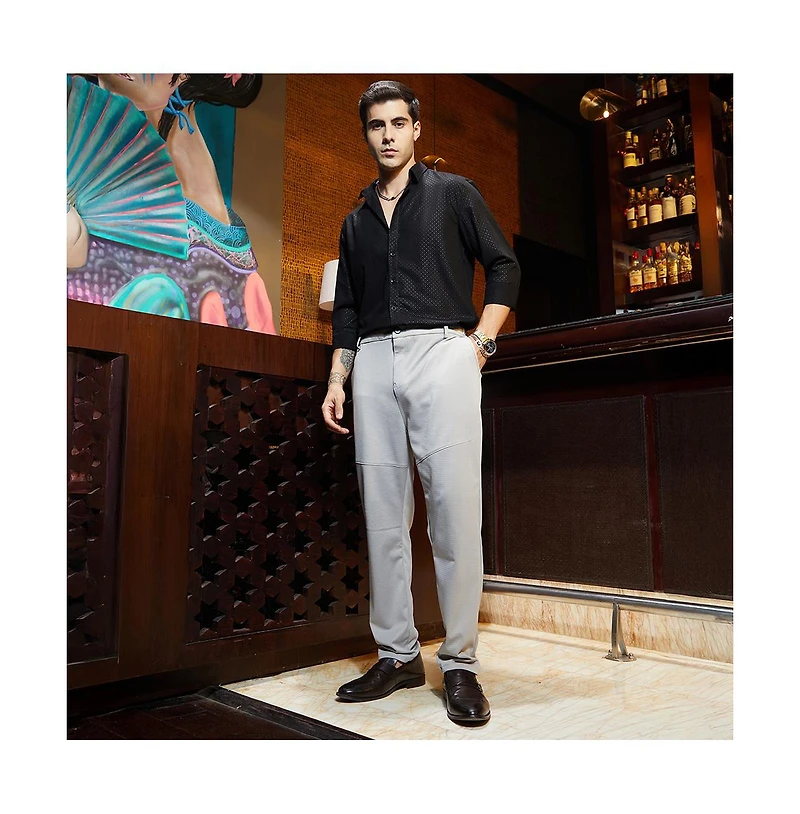 Campus Sutra Men's Cloud Grey Panel-Waffle Chino Trousers