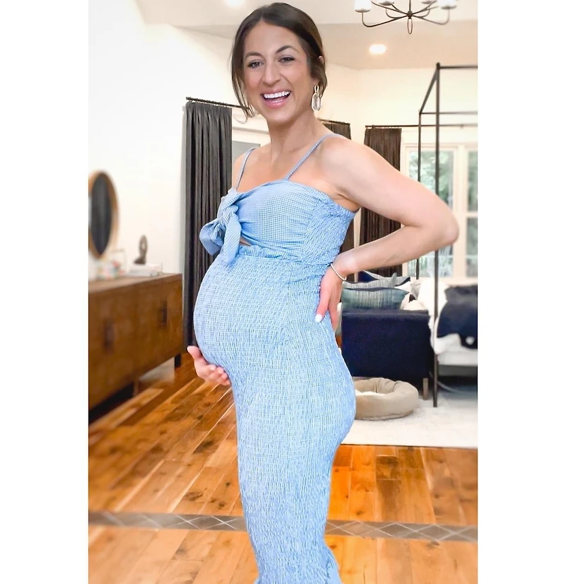 Pinkblush Maternity Blue Gingham Print Smocked Fitted Self-Tie Midi Dress