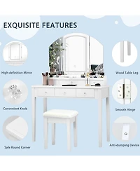 Vanity Table Stool Set with Large Tri-folding Lighted Mirror