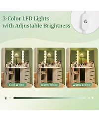 Corner Vanity Desk with 3-Color Led Lighted Mirror and Power Outlet