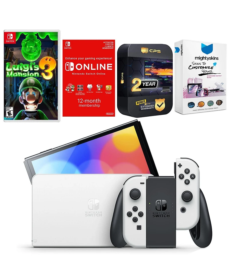 Nintendo Switch White Oled Console with Luigi s Mansion 3, Nso 12 Month Family Membership, MightySkins Console and Controller Skin Voucher, and 2 Year