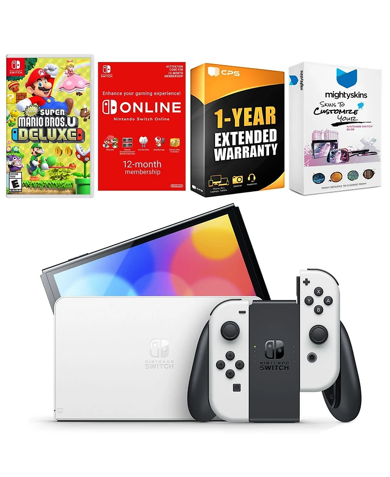 Nintendo Switch White Oled Console with New Super Mario Bros. U Deluxe, Nso 12 Month Family Membership