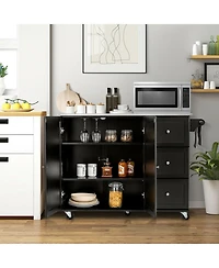 Kitchen Island 2-Door Storage Cabinet with Drawers and Stainless Steel Top