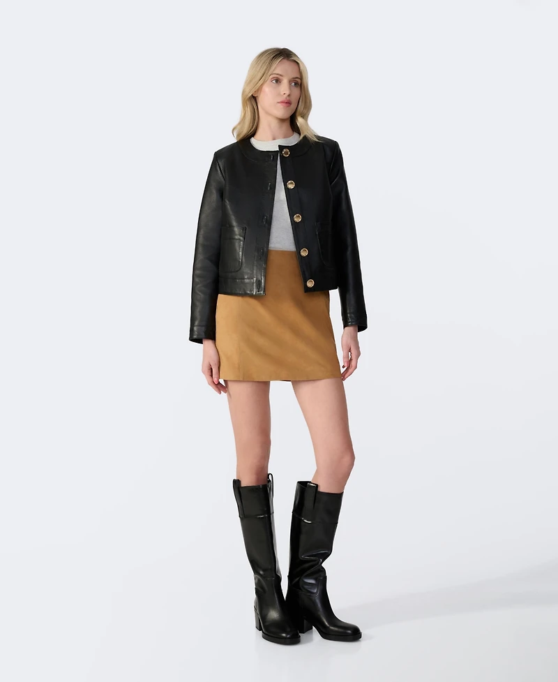 Furniq Uk Women's Cropped Leather Jacket With Gold Buttons, Created for Macy s
