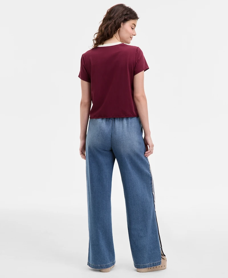 Madden Girl Juniors' Pull-On Side-Snap Wide-Leg Jeans