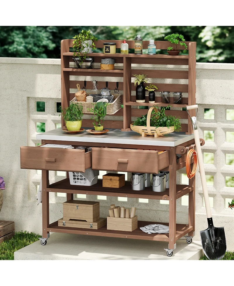 Outdoor Potting Bench with Hutch & Stainless Steel Top