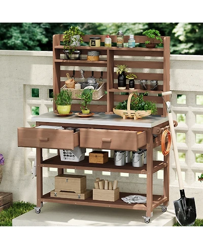 Outdoor Potting Bench with Hutch & Stainless Steel Top