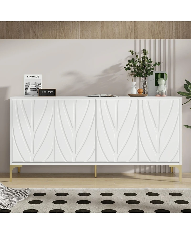 Carved 4-Door Sideboard - Handleless, Press-to-Open (White)