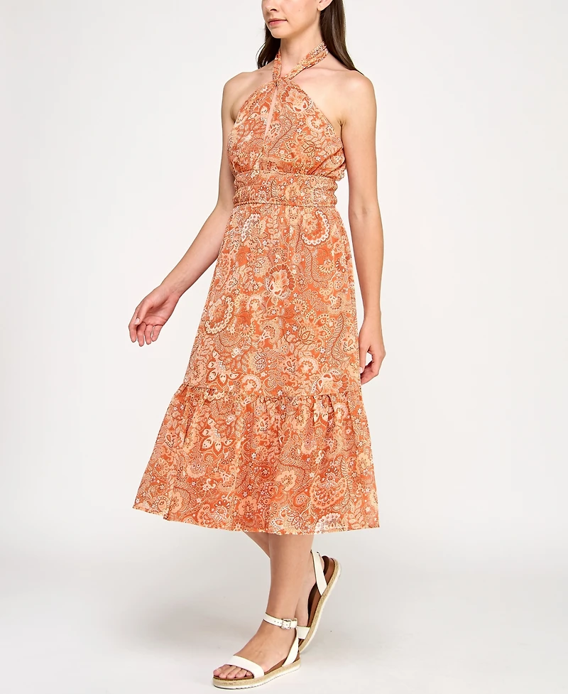 Trixxi Juniors' Printed Ruffled-Skirt Halter Midi Dress