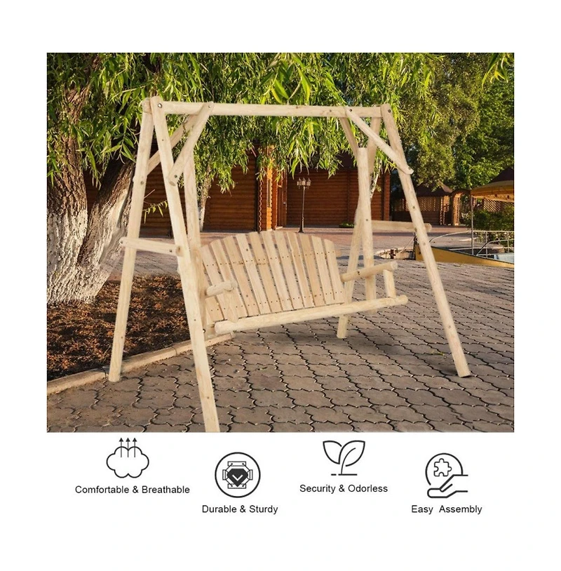 Outdoor Wooden Porch Bench Swing Chair with Rustic Curved Back