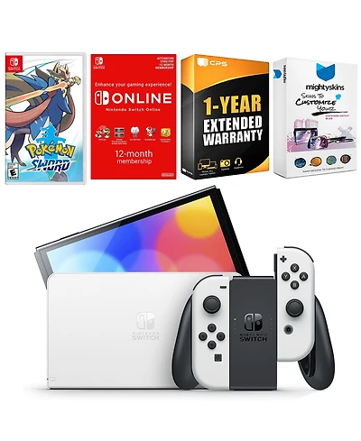 Nintendo Switch White Oled Console with Pokemon Sword, Nso 12 Month Family Membership, MightySkins Console and Controller Skin Voucher