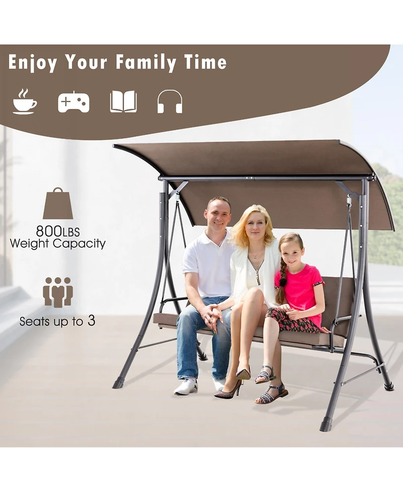 Gymax 3-Seat Outdoor Porch Swing w/ Adjustable Canopy Thickened Cushions Metal Frame