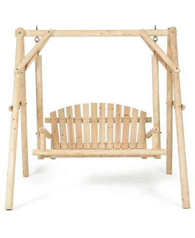 Gymax Wooden Porch Swing Outdoor Patio Rustic Torched Log Curved Back Bench A-Frame