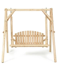 Gymax Wooden Porch Swing Outdoor Patio Rustic Torched Log Curved Back Bench A-Frame