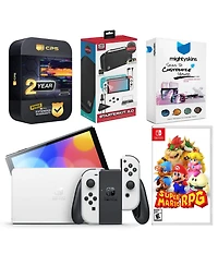 Nintendo Switch White Oled Console with Super Mario Rpg, Surge Accessory Gaming Kit, MightySkins Console and Controller Skin Voucher, and 2 Year Cps E