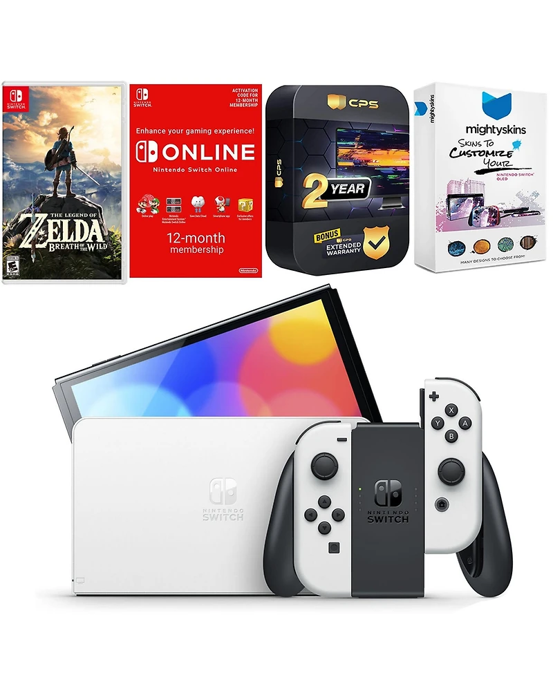 Nintendo Switch White Oled Console with Legend of Zelda Breath of the Wild, Nso 12 Month Family Membership, MightySkins Console and Controller Skin Vo