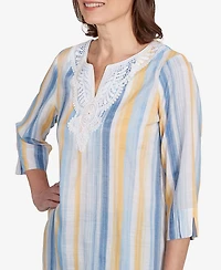 Alfred Dunner Petite Flower Power Striped Detail Button Front Top