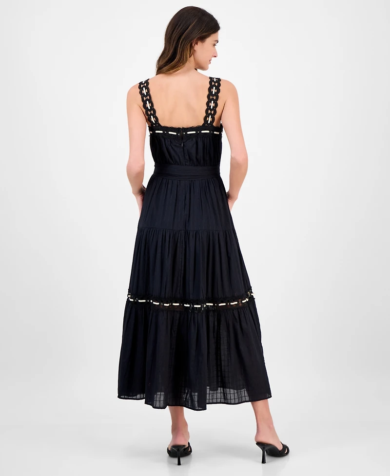 Anne Klein Women's Lace-Trim Cotton Sleeveless Midi Dress