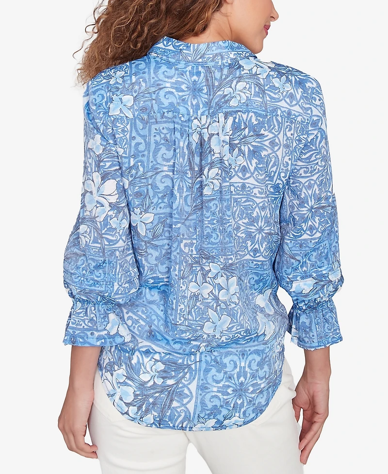 Ruby Rd. Petite Silky Floral Tile Button Tie Front Top