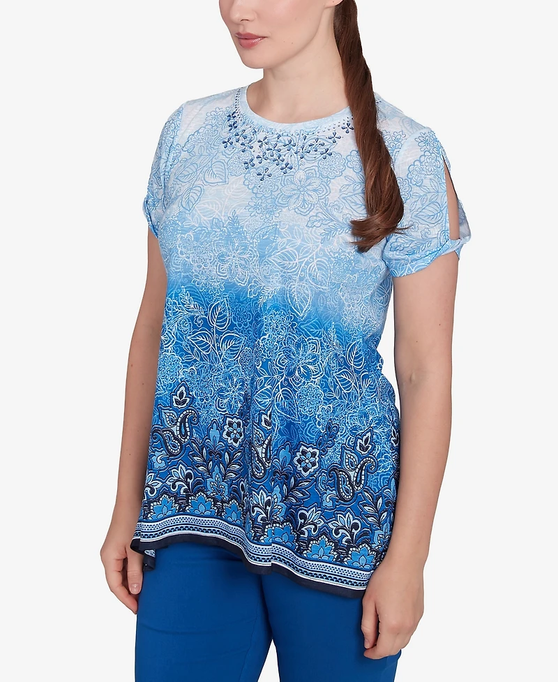Ruby Rd. Petite Crystal Ombre Cold Shoulder Crew Neck T-Shirt