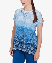 Ruby Rd. Petite Crystal Ombre Cold Shoulder Crew Neck T-Shirt