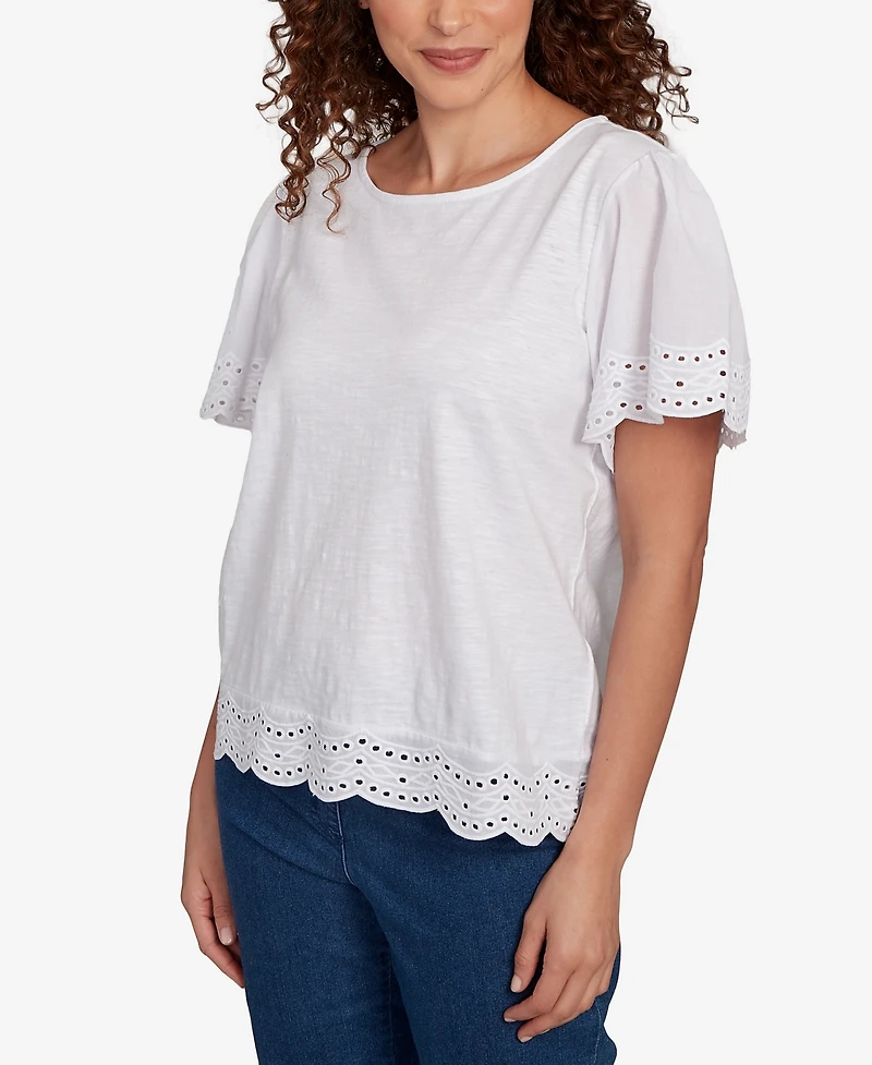 Ruby Rd. Petite Embroidered Sleeve Solid T-Shirt