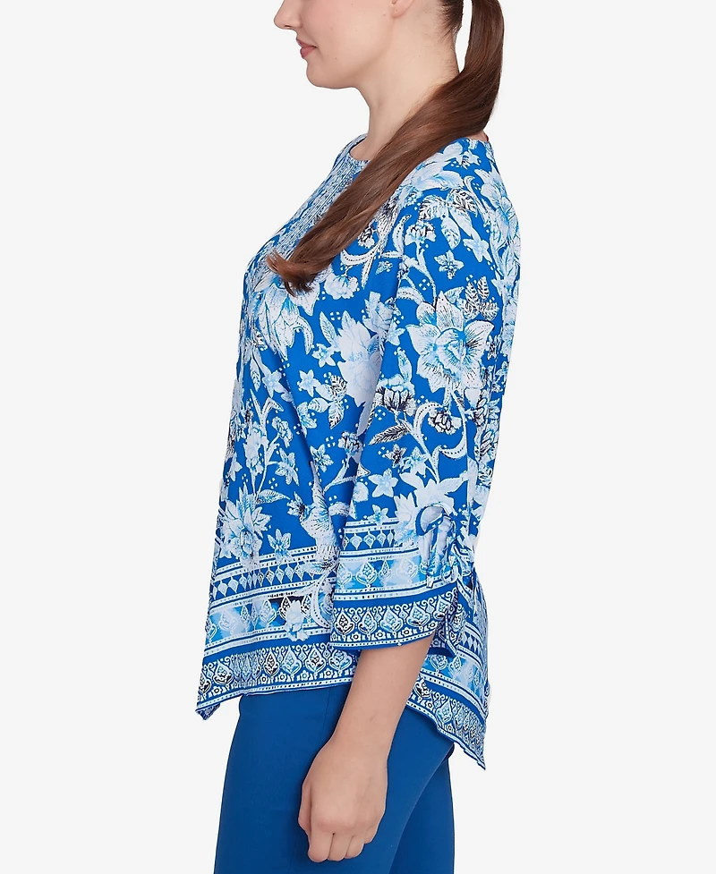 Ruby Rd. Petite Bohemian Batik Floral Border Print Crepe Tunic Top