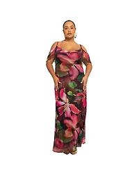 Fashion-szn Curve Women's Mesh Off The Shoulder Printed Maxi Dress